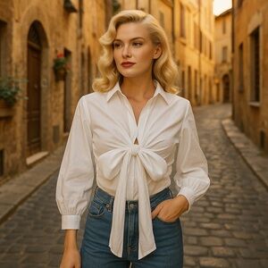 100% COTTON DIANE VON FURSTENBERG tie front blouse white puff sleeve 2